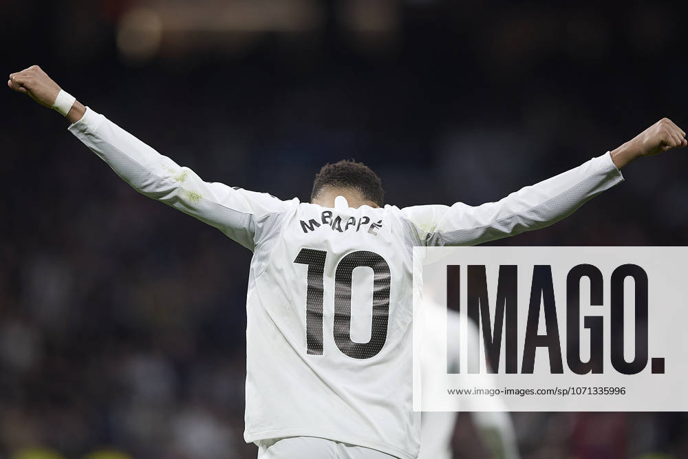 Kylian Mbappe Real Madrid CF celebrates after scoring his team˜s first goal during the LaLiga EA Sports match between Real Madrid v Levante UD at Santiago Bernabà u on January 17, 2026 in Madrid, Spain Photo by Manu Reino DeFodi Images