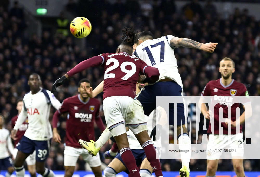 Tottenham Hotspur V West Ham. Premier League. GOAL. Cristian Romero (Spurs) scores the first Spurs goal during the Tottenham Hotspur V West Ham Premier League match at the Tottenham Hotspur Stadium, London. Tottenham Tottenham Hotspur Stadium UK