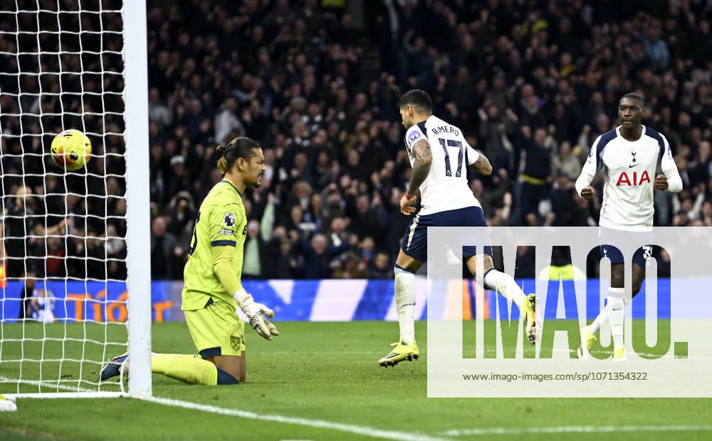 Tottenham Hotspur V West Ham. Premier League. GOAL. Cristian Romero (Spurs) celebrates scoring the first Spurs goal during the Tottenham Hotspur V West Ham Premier League match at the Tottenham Hotspur Stadium, London. Tottenham Tottenham Hotspur Stadium UK