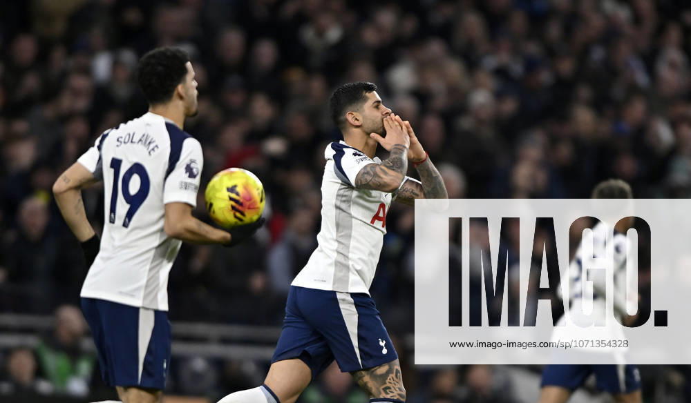 Tottenham Hotspur V West Ham. Premier League. GOAL. Cristian Romero (Spurs) celebrates scoring the first Spurs goal during the Tottenham Hotspur V West Ham Premier League match at the Tottenham Hotspur Stadium, London. Tottenham Tottenham Hotspur Stadium UK