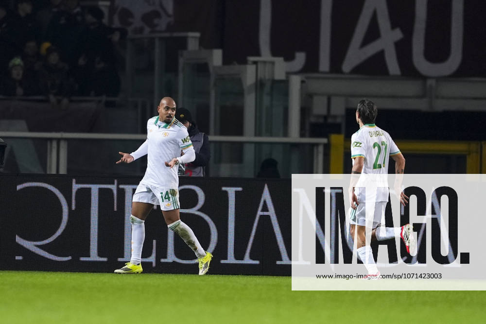 Romas Donyell Malen celebrates after scoring the 0-1 goal for his team during the Serie A soccer match between Torino Fc and Roma at the Stadio Olimpico Grande Torino in Turin, north west Italy - January 18, 2026. - Soccer