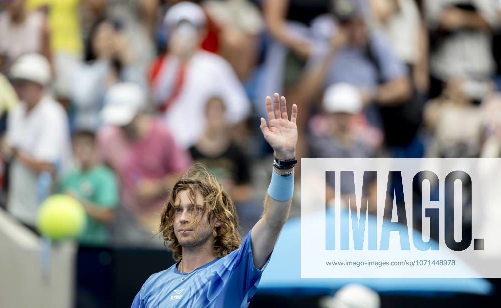 (260119) -- MELBOURNE, Jan. 19, 2026 -- Andrey Rublev of Russia celebrates after winning the men s singles 1st round match against Matteo Arnaldi of Italy at the Australian Open tennis tournament in Melbourne, Australia, Jan. 19, 2026. (Photo by Xinhua) (SP)AUSTRALIA-MELBOURNE-TENNIS-AUSTRALIAN OPEN-MEN S SINGLES-DAY 2 HuxJingchen