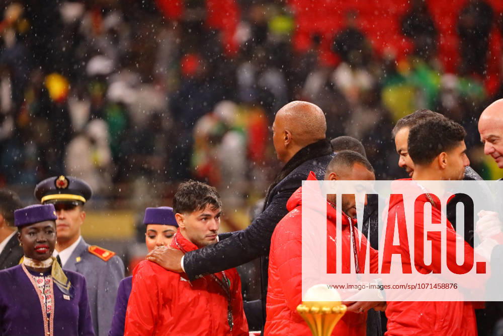 Senegal Wins Africa Cup Of Nations - Rabat The Moroccan player described as Brahim Diaz reacts with visible sadness after missing a penalty in the final minutes of regular time during the Africa Cup of Nations (AFCON) final against Senegal. Comforted by members of the coaching staff and teammates, the scene reflects the emotional intensity and disappointment following the decisive moment of the match. January 18, 2026. Photo by Kevin Ngandu Katayi ABACAPRESS.COM Rabat Morocco
