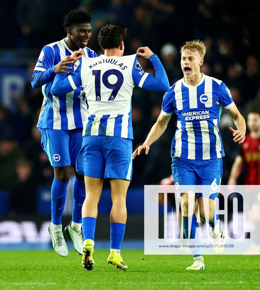 Charalampos Kostoulas of Brighton and Hove Albion celebrates scoring a goal after making the score 1-1. Brighton and Hove Albion v AFC Bournemouth, Premier League, Football, American Express Community Stadium, Brighton, UK - 19 Jan 2026Brighton American Express Community Stadi United Kingdom