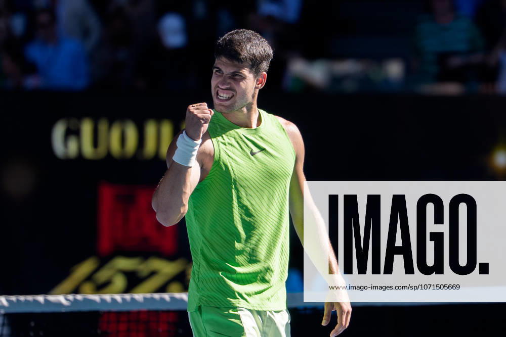 1st seed CARLOS ALCARAZ of Spain after defeating YANNICK HANFMANN of Germany on Rod Laver Arena in a Men s Singles 2nd round match on day 4 of the 2026 Australian Open in Melbourne, Australia. ALCARAZ won 76 63 62. Cal Media Melbourne Australia - ZUMAc04_ 20260121_faf_c04_010