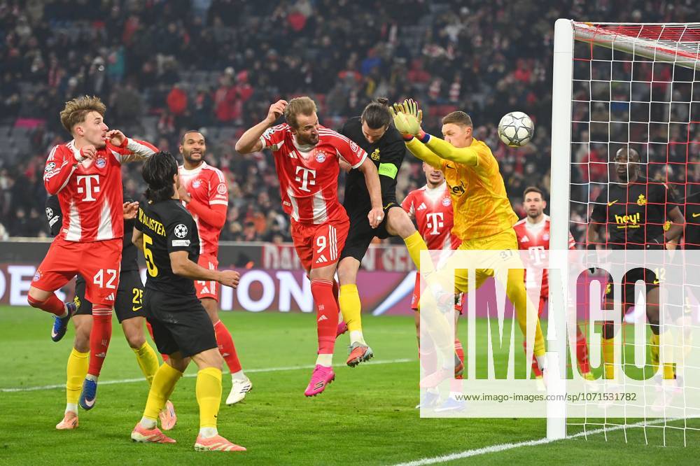 Goal Harry KANE Bayern Muenchen after goal to 1 0, action,header against Christian BURGESS Saint Gilloise and goalkeeper Kjell SCHERPEN Saint Gilloise penalty area scene football Champions League,season 2025 26, league phase FC Bayern Muenchen Royale Union Saint Gilloise on 21 01 2026