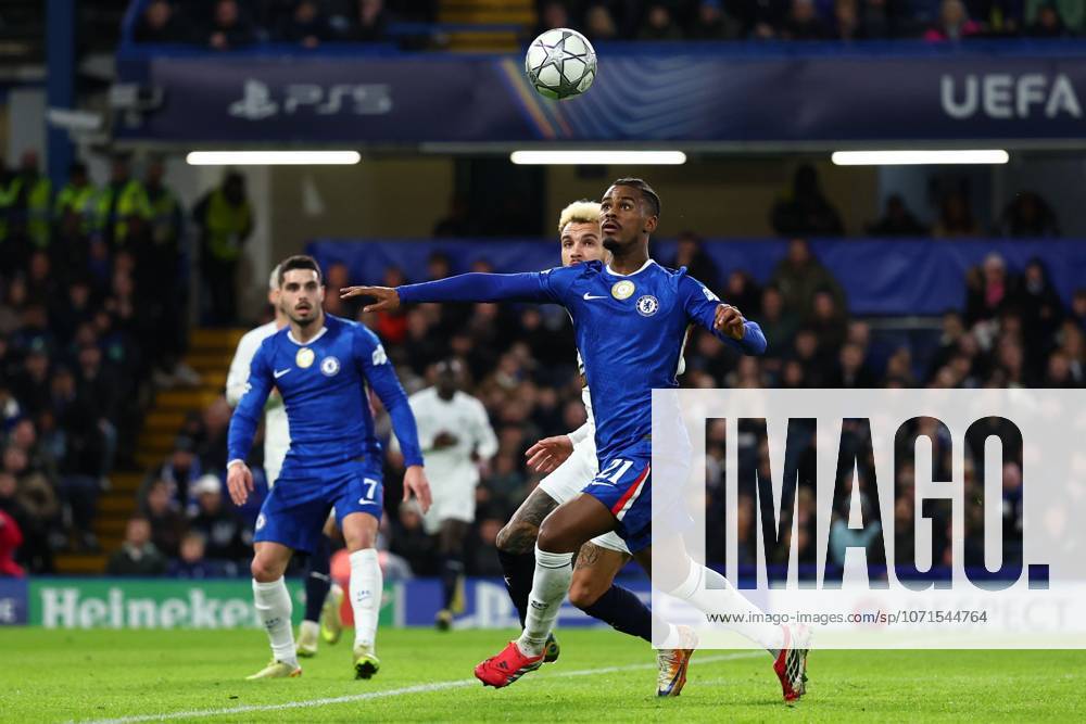 Jorrel Hato of Chelsea under pressure from Jaja of Pafos Chelsea v Pafos, UEFA Champions League, Group Stage, Football, Stamford Bridge, London, UK - 21 Jan 2026London Stamford Bridge United Kingdom