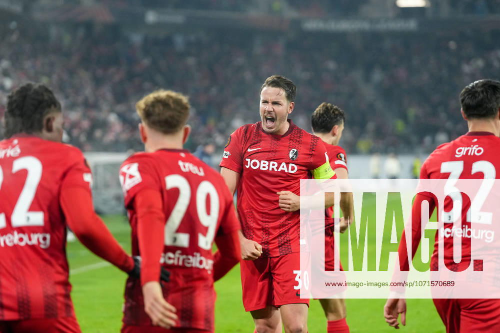Christian Günter Christian Guenter SC Freiburg, 30 goal celebration, emotions, shot on goal, finish, goal success, goal, goal , Germany, football, UEFA Europa League, matchday 7, league phase, 2025 2026, SC Freiburg vs Maccabi Tel Aviv, 22 01 2026, Europa Park Stadium, Freiburg, Germany Freiburg Europa Park Stadium Baden Württemberg Germany