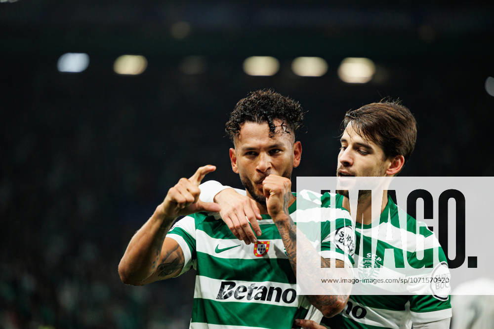 Luis Suarez and Daniel Braganca seen celebrating after goal during UEFA Champions League game between teams of Sporting CP and Paris Saint-Germain at Estadio Jose Alvalade (Maciej Rogowski Ball Raw Images) Lisbon Estadio Jose Alvalade Portugal