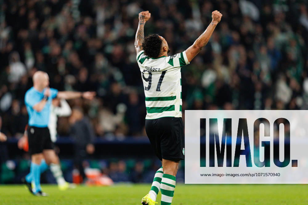 Luis Suarez seen celebrating after goal during UEFA Champions League game between teams of Sporting CP and Paris Saint-Germain at Estadio Jose Alvalade (Maciej Rogowski Ball Raw Images) Lisbon Estadio Jose Alvalade Portugal