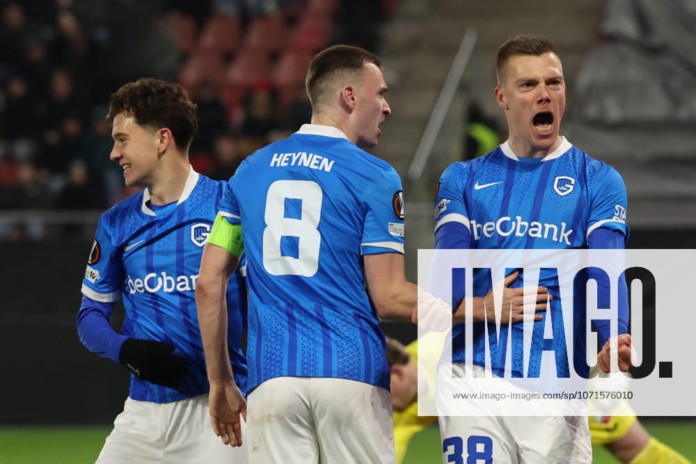 Daan Heymans of KRC Genk celebrates after scoring the goal with Bryan Heynen of KRC Genk during the match FC Utrecht vs KRC Genk at the De Galgenwaard for the UEFA Europa League season 2025 2026 in UTRECHT, Netherlands on 22 january 2026, photo by Peter Lous EYE4images DeFodi Images