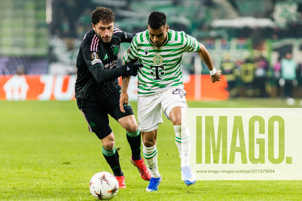 Ferencvaros v Panathinaikos, UEFA Europa League football, Budapest, Hungary Budapest, Hungary. 22nd, January 2026. Cadu (20) of Ferencvaros and Davide Calabria (L) of Panathinaikos seen during the UEFA Europa League match between Ferencvaros and Panathinaikos at Groupama Arena in Budapest. Hungary, Budapest