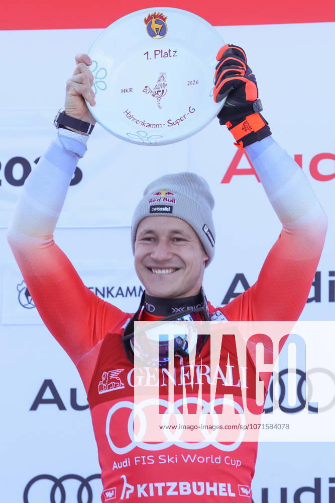 Audi FIS Ski World Cup - Mens Super G at the Hahnenkamm Race in Kitzbuehel 23 01 2026 Kitzbuehel, Austria, 23 Jan 26 Alpine Skiing FIS World Cup, Hahnenkamm Race, Super G, men The image shows ODERMATT Marco SUI, Stoeckli first place with trophy