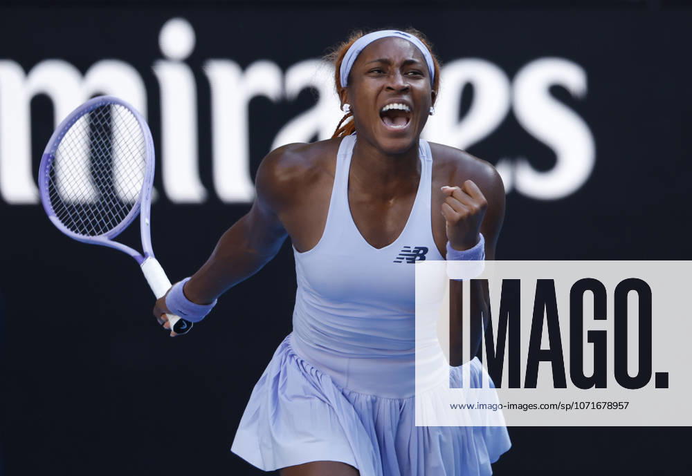 TENNIS AUSTRALIAN OPEN, Coco Gauff of USA celebrates winning the Womens 4th round match against Karolina Muchova of the Czech Republic on day 8 of the 2026 Australian Open tennis tournament at Melbourne Park in Melbourne, Sunday, January 25, 2026. ( NO ARCHIVING MELBOURNE VICTORIA AUSTRALIA