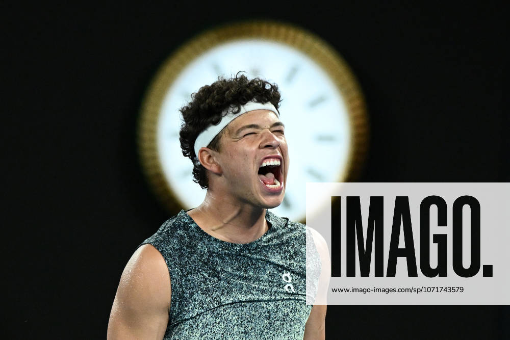TENNIS AUSTRALIAN OPEN, Ben Shelton of USA reacts after winning the Mens 4th round match against Casper Ruud of Norway on day 9 of the 2026 Australian Open tennis tournament at Melbourne Park in Melbourne, Monday, January 26, 2026. ( NO ARCHIVING MELBOURNE VICTORIA AUSTRALIA