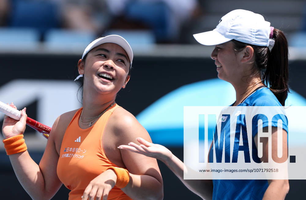 (260128) -- MELBOURNE, Jan. 28, 2026 -- Wu Fang-Hsien Hozumi Eri (L) react during the women s doubles quarterfinal match between Zhang Shuai (China) Elise Mertens (Belgium) and Wu Fang-Hsien (Chinese Taipei) Hozumi Eri (Japan) at the Australian Open tennis tournament in Melbourne, Australia, Jan. 28, 2026. ) (SP)AUSTRALIA-MELBOURNE-TENNIS-AUSTRALIAN OPEN-WOMEN S DOUBLES-QUARTERFINALS MaxPing
