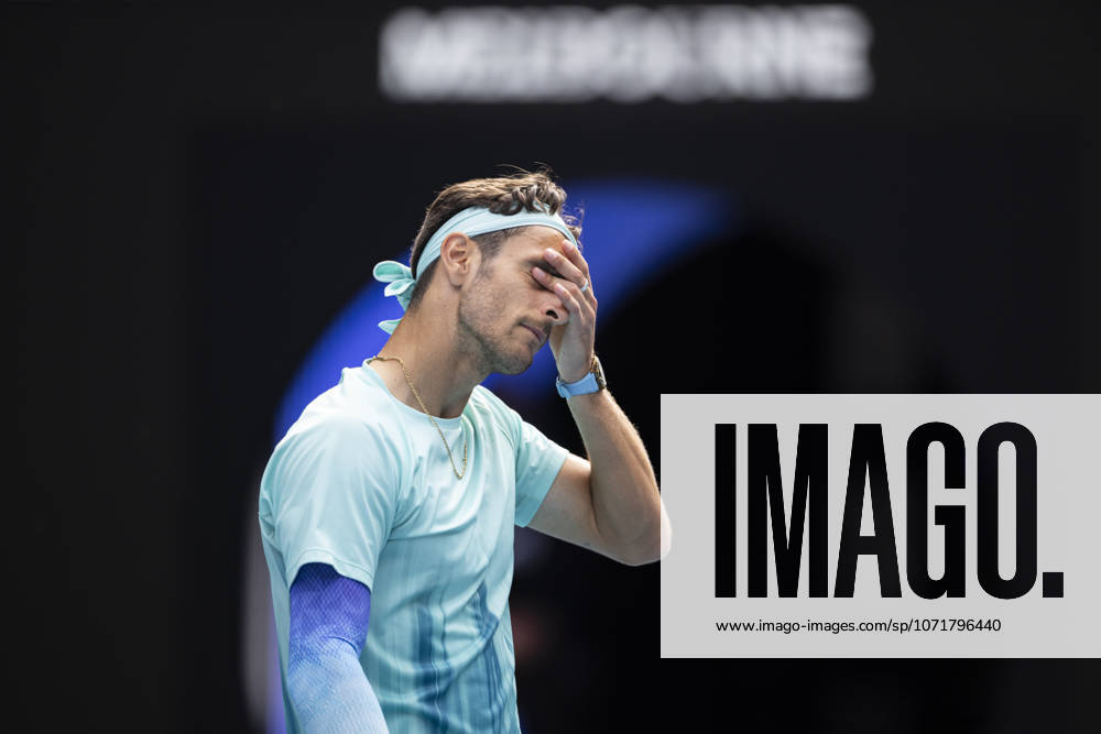 (260128) -- MELBOURNE, Jan. 28, 2026 -- Lorenzo Musetti of Italy reacts during the men s singles quarterfinal match between Novak Djokovic of Serbia and Lorenzo Musetti of Italy at the Australian Open tennis tournament in Melbourne, Australia, Jan. 28, 2026. (Photo by Xinhua) (SP)AUSTRALIA-MELBOURNE-TENNIS-AUSTRALIAN OPEN-MEN S SINGLES-QUARTERFINALS HuxJingchen