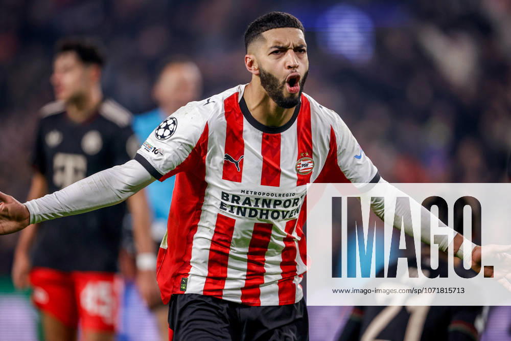 2026-01-28 PSV Eindhoven v FC Bayern Munich - UEFA Champions League 2025 26 League Phase MD8 EINDHOVEN, NETHERLANDS - JANUARY 28: Ismael Saibari of PSV Eindhoven celebrates with teammates after scoring his teams first goal during the UEFA Champions League 2025 26 League Phase MD8 match between PSV Eindhoven and FC Bayern Munich at Philips Stadion on January 28, 2026 in Eindhoven, Netherlands. Eindhoven Philips Stadion Netherlands Content not available for redistribution in The Netherlands directly or indirectly through any third parties.