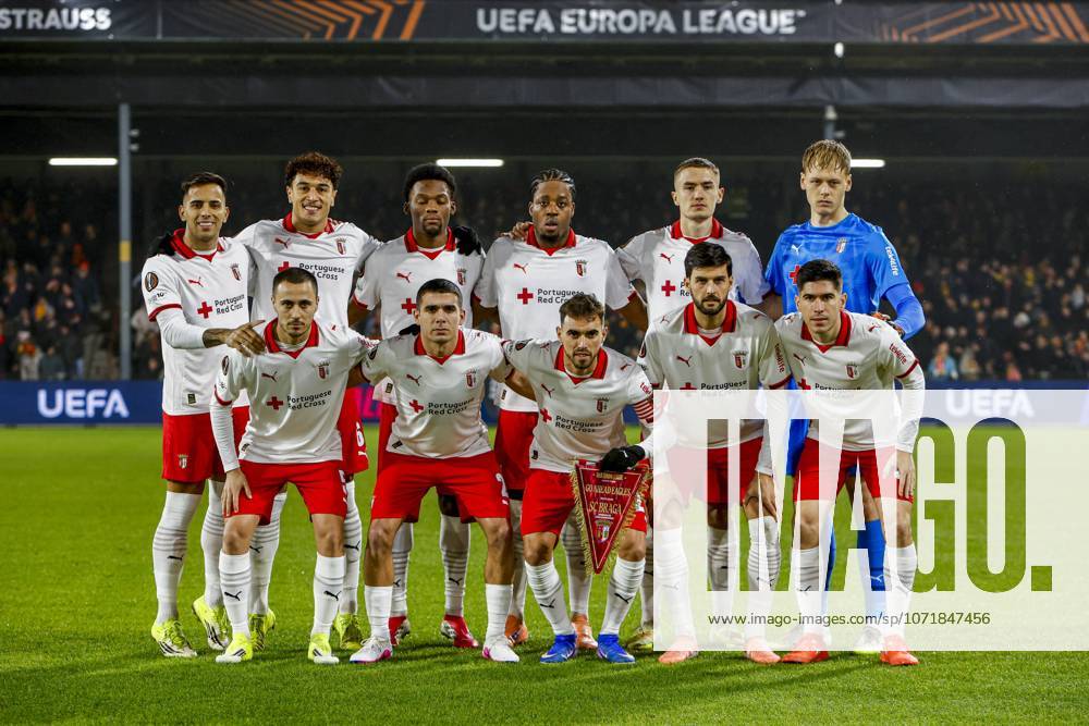 Team photo of SC Braga goalkeeper Lukas Hornicek of SC Braga, Leonardo Lelo of SC Braga, Bright Arrey-Mbi of SC Braga, Gustaf Lagerbielke of SC Braga, Victor Gomez of SC Braga, Vitor Carvalho of SC Braga, Jean-Baptiste Gorby of SC Braga, Ricardo Horta of SC Braga, Florian Grillitsch of SC Braga, Rodrigo Zalazar of SC Braga, Fran Navarro of SC Braga Go Ahead Eagles v SC Braga, UEFA Europa League 2025 26 League Phase MD8, Go Ahead Eagles v SC Braga, Stadion De Adelaarshorst, January 29, 2026, Deventer, Netherlands.