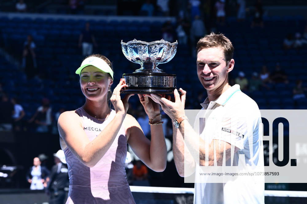 TENNIS AUSTRALIAN OPEN, Olivia Gadecki and John Peers of Australia pose with the trophy following their win over Kristina Mladenovic and Manuel Guinard of France in the mixed doubles final on day 13 of the 2026 Australian Open tennis tournament at Melbourne Park in Melbourne, Friday, January 30, 2026. ( NO ARCHIVING MELBOURNE VICTORIA AUSTRALIA
