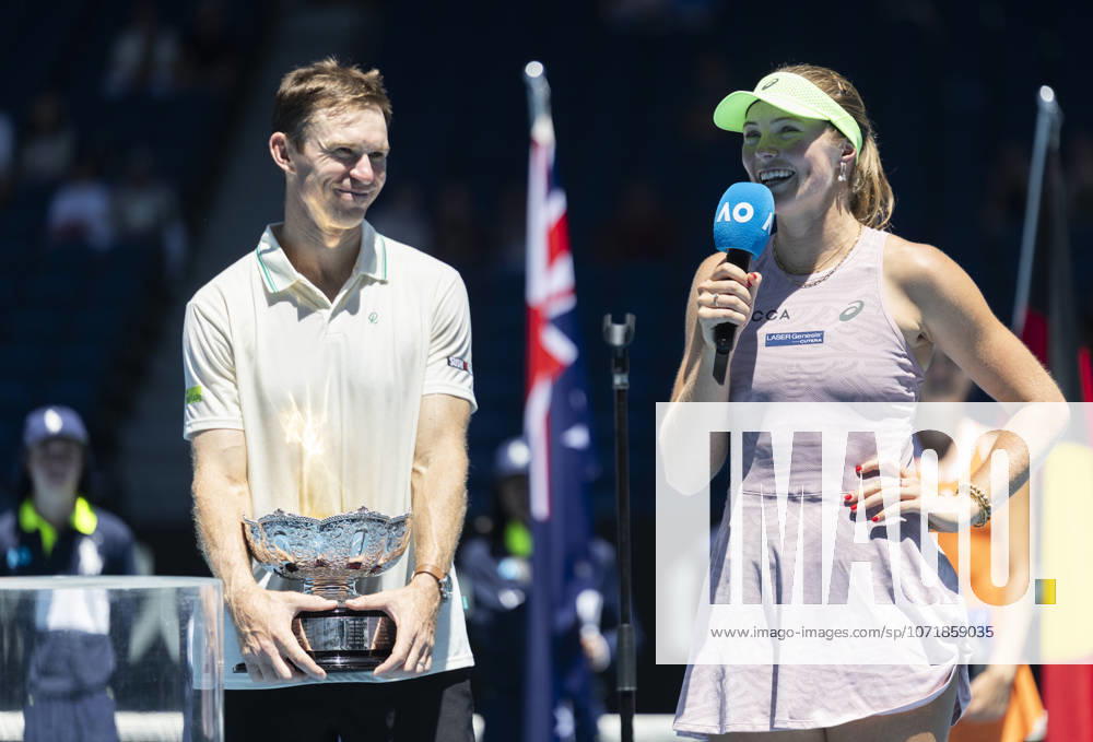 (260130) -- MELBOURNE, Jan. 30, 2026 -- Olivia Gadecki (R) John Peers are interviewed after winning the mixed doubles final match between Olivia Gadecki John Peers of Australia and Kristina Mladenovic Manuel Guinard of France at the Australian Open tennis tournament in Melbourne, Australia, Jan. 30, 2026. (Photo by Xinhua) (SP)AUSTRALIA-MELBOURNE-TENNIS-AUSTRALIAN OPEN-MIXED DOUBLES-FINAL HuxJingchen