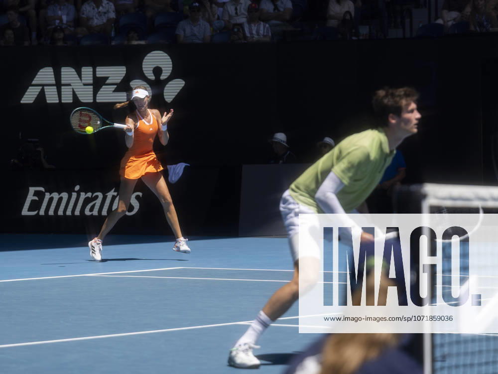 (260130) -- MELBOURNE, Jan. 30, 2026 -- Kristina Mladenovic (L) Manuel Guinard compete during the mixed doubles final match between Olivia Gadecki John Peers of Australia and Kristina Mladenovic Manuel Guinard of France at the Australian Open tennis tournament in Melbourne, Australia, Jan. 30, 2026. (Photo by Xinhua) (SP)AUSTRALIA-MELBOURNE-TENNIS-AUSTRALIAN OPEN-MIXED DOUBLES-FINAL HuxJingchen