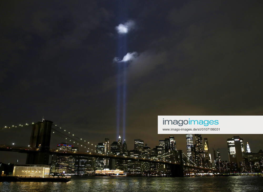 The Twin Towers Tribute in Light art installation shines in Lower Manhattan near One World Trade Center on the eve of the 19th anniversary of the 9 11 terrorist attacks on the World Trade Center at Ground Zero in New York City on Thursday, September 10, 2020. POY2020NF135 JOHNxANGELILLO