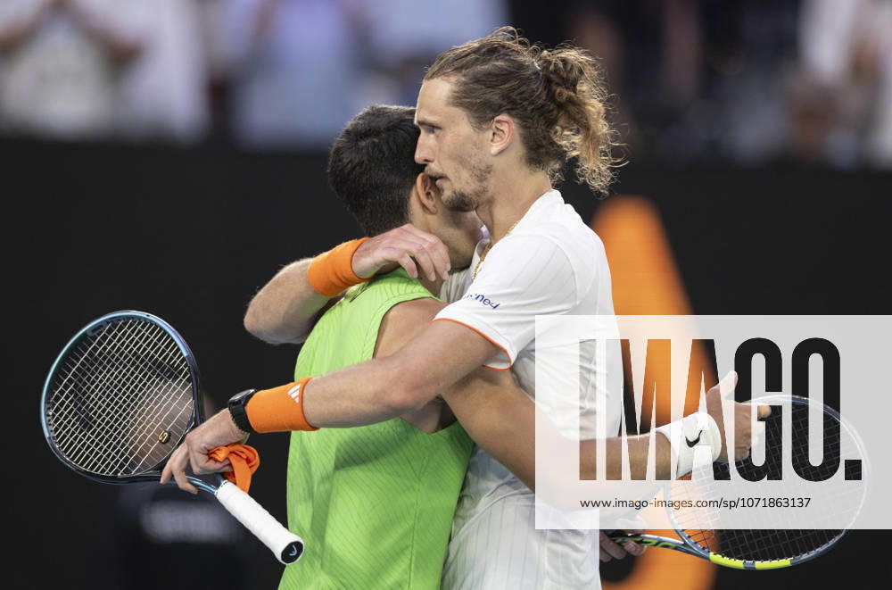 (260130) -- MELBOURNE, Jan. 30, 2026 -- Carlos Alcaraz (L) hugs Alexander Zverev after the men s singles semifinal match between Carlos Alcaraz of Spain and Alexander Zverev of Germany at the Australian Open tennis tournament in Melbourne, Australia, Jan. 30, 2026. (Photo by Xinhua) (SP)AUSTRALIA-MELBOURNE-TENNIS-AUSTRALIAN OPEN-MEN S SINGLES-SEMIFINAL HuxJingchen