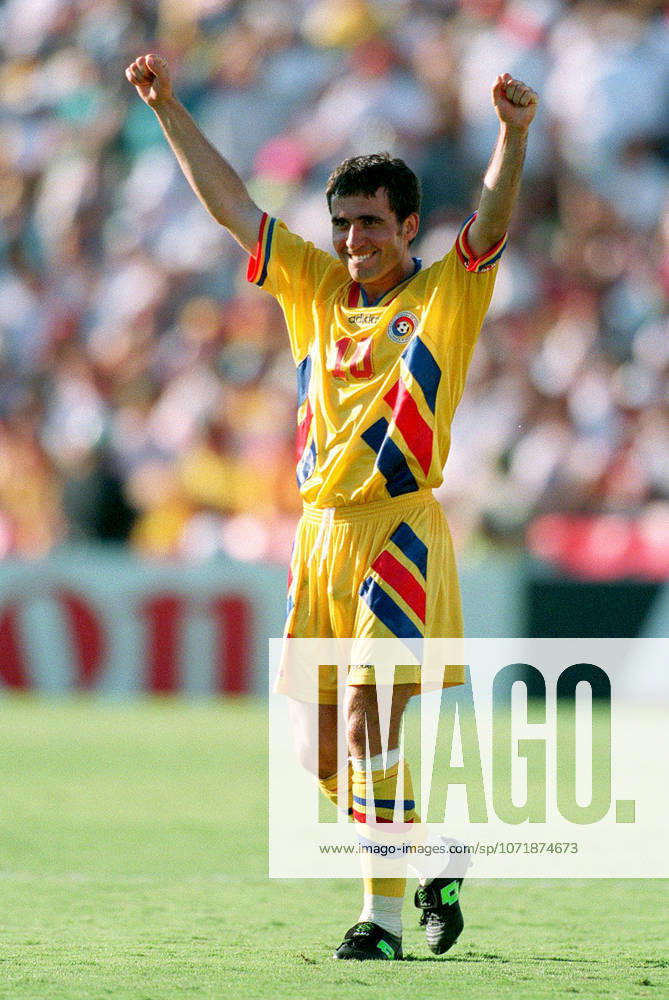 Colombia V Romania, FIFA World Cup, WM, Weltmeisterschaft, Fussball Finals Group A Gheorghe Hagi of Romania celebrates during the FIFA World Cup Finals Group A match between Colombia and Romania at Rose Bowl In Pasadena on June 18, 1994 in California, United States. California Rose Bowl In Pasadena United States United States