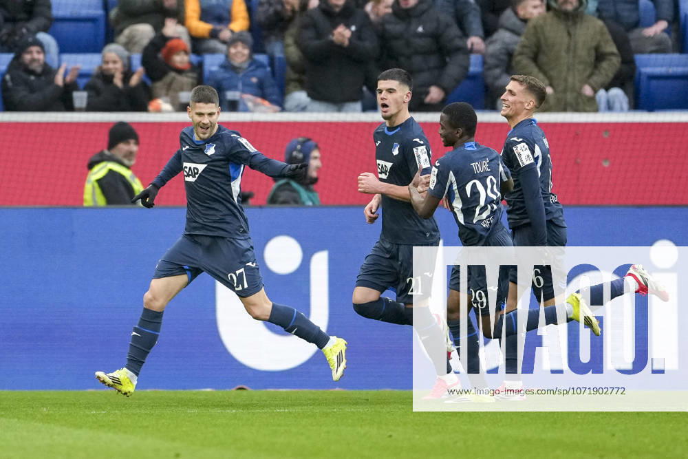 From left scorer Andrej Kramaric Hoffenheim, 27 , Albian Hajdari Hoffenheim, 21 , Bazoumana Toure Hoffenheim, 29 , Grischa Prömel Hoffenheim, 6 , players of TSG 1899 Hoffenheim, cheer about the goal to 2 0, jubilation, goal celebration, celebrate the goal, goal, celebration, celebrates the goal, joy, rejoices, optimistic, positive, game scene, highlight, action, 31 01 2026, Sinsheim Germany , Football, Bundesliga, TSG 1899 Hoffenheim 1 FC Union Berlin, DFB DFL REGULATIONS PROHIBIT ANY USE OF PHOTOGRAPHS AS IMAGE SEQUENCES AND OR QUASI VIDEO