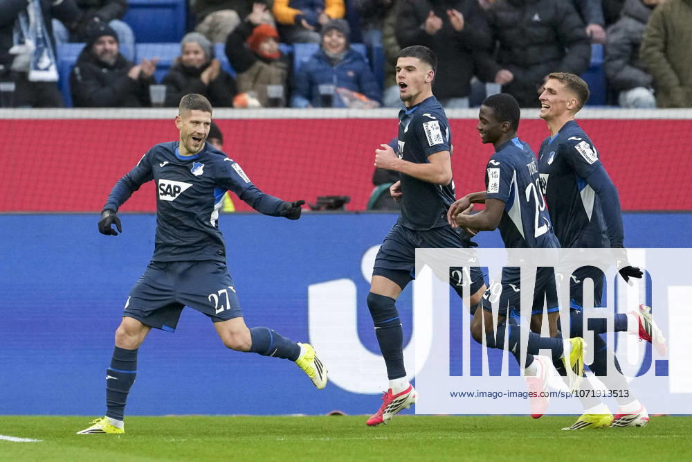 From left scorer Andrej Kramaric Hoffenheim, 27 , Albian Hajdari Hoffenheim, 21 , Bazoumana Toure Hoffenheim, 29 , Grischa Prömel Hoffenheim, 6 , players of TSG 1899 Hoffenheim, cheer about the goal to 2 0, jubilation, goal celebration, celebrate the goal, goal, celebration, celebrates the goal, joy, rejoices, optimistic, positive, game scene, highlight, action, 31 01 2026, Sinsheim Germany , Football, Bundesliga, TSG 1899 Hoffenheim 1 FC Union Berlin, DFB DFL REGULATIONS PROHIBIT ANY USE OF PHOTOGRAPHS AS IMAGE SEQUENCES AND OR QUASI VIDEO
