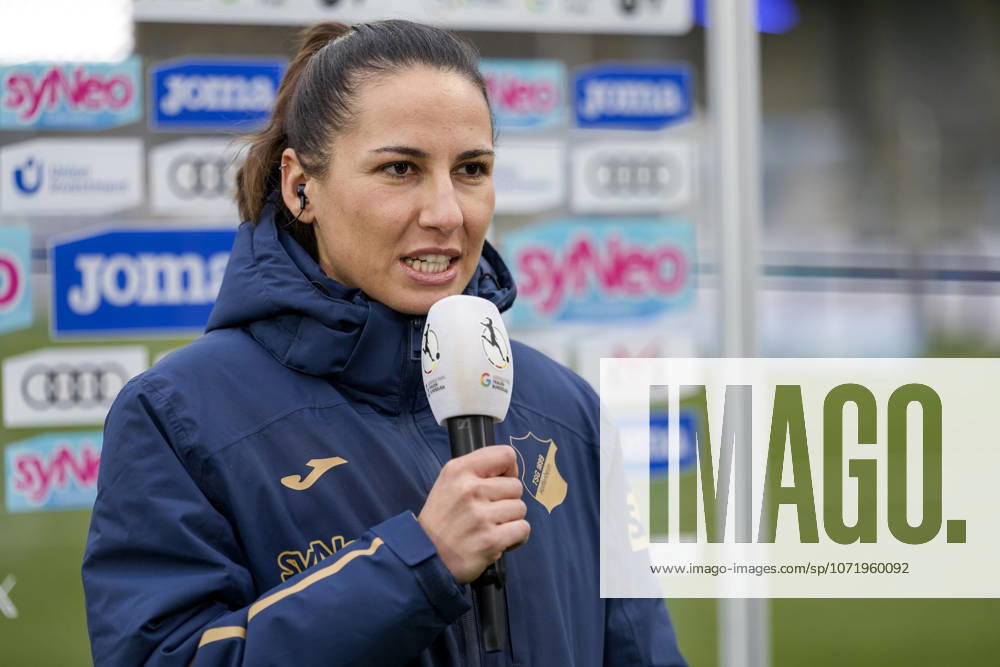 Eva Maria Virsinger head coach, coach, TSG , with microphone during interview, TV, television, single picture, single photo, action, action, 01 02 2026, Sinsheim Hoffenheim Germany , Football, Google Pixel Women Bundesliga, TSG 1899 Hoffenheim SV Werder Bremen, DFB DFL REGULATIONS PROHIBIT ANY USE OF PHOTOGRAPHS AS IMAGE SEQUENCES AND OR QUASI VIDEO