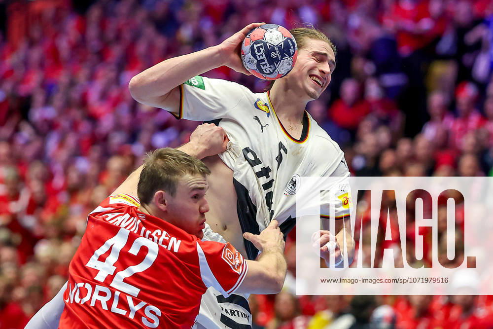 Handball, Men s EHF EURO 2026, Germany Denmark, Jyske Bank Boxing in Herning, Final Juri Knorr Germany 15 in duel against Thomas Sommer Arnoldsen Denmark 42 Denmark