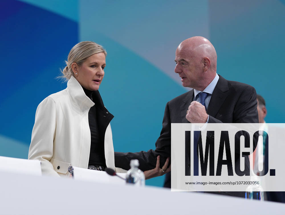 (260203) -- MILAN, Feb. 3, 2026 -- International Olympic Committee (IOC) President Kirsty Coventry (L) speaks with FIFA President Gianni Infantino during the first day of the 145th IOC Session in Milan, Italy, Feb. 3, 2026. ) (SP)ITALY-MILAN-IOC-145TH SESSION SunxFei