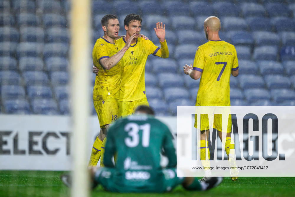 Jacob Bergström, Jeppe Kjaer and Viktor Gustafson of Mjällby celebrates after 1 1 during the Atlantic cup match between Mjällby and Artis Brno on February 3, 2026 in Faro Photo Jesper Zerman BILDBYRAN kod JZ JZ0671 fotboll football soccer fotball atlantic cup mjällby artis brno bbeng jubel celebrates