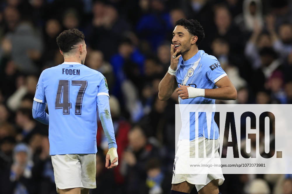 Manchester City v Newcastle United, EFL Cup, Semi Final Second Leg Omar Marmoush (7) of Manchester City celebrates scoring to make it 2-0 during the EFL Cup semi-final 2nd leg match between Manchester City and Newcastle United at the Etihad Stadium, Manchester, UK on 4 February 2026. Manchester Etihad Stadium Manchester UK Editorial use only DataCo restrictions apply See www.football-dataco.com ,