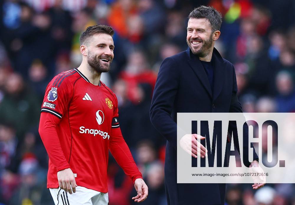 Manchester United, ManU caretaker manager Michael Carrick and Luke Shaw at the end of the match Manchester United v Tottenham Hotspur, Premier League, Football, Old Trafford, Manchester, UK - 07 Feb 2026Manchester Old Trafford United Kingdom