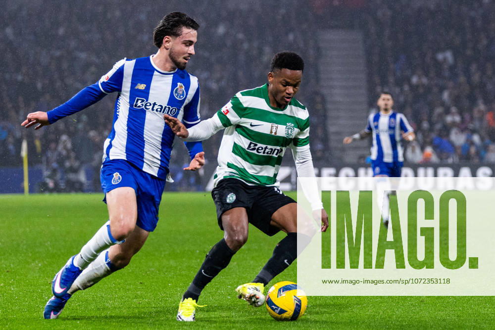 FC Porto Vs Sporting for the Portuguese First League in Porto - 09 Feb 2026 Sporting CP s player, Geny Catamo (L) and FC Porto player Martin Fernandes (R), in action during the classic match for the Portuguese First League between FC Porto and Sporting CP at Dragon Stadium. Final score; FC Porto 1:1 Sporting CP Porto Portugal