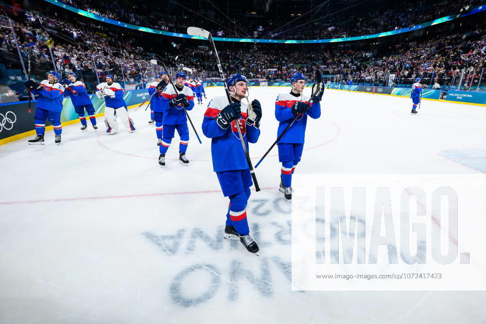 Oliver Okuliar and Dalibor Dvorsky of Slovakia celebrate after the men s ice hockey game between Slovakia and Finland during day 5 of the 2026 Winter Olympics on February 11, 2026 in Milan Photo Carl Sandin BILDBYRAN kod CS CS0869 ishockey ice hockey olympic games olympics winter olympics os ol olympiska spel vinter os olympiske leker milano cortina 2026 milan cortina 2026 milano cortina 2026 olympic games milano cortina 2026 winter olympic games milano cortina os milano cortina ol vinter ol 5 bbeng slovakia slovakien finland jubel