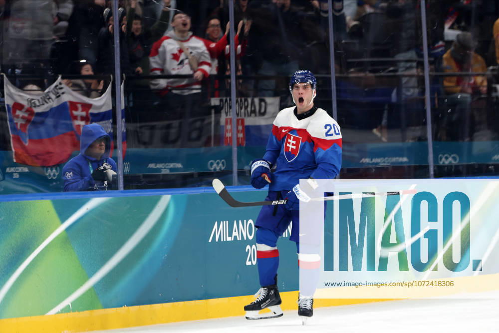 Milano Cortina 2026, Milan, Italy, 11.02, 2026, MiCo2026, MiCo, 2026, Olympics, Olympic, Winter Olympic, Olympic Winter games, Winterspiele,Spiele, Summer games Ice hockey, Eishockey Finland, Slovakia Juraj Slafkovsky of Slovakia celebrates during Mens Premilinary round Group B Ice Hockey match between Slovakia and Finland teams of Milano Cortina 2026 Olympic Winter Games in Milan, Italy, 11.02.2026. Photo: Roman Koksarov (RKF) Milan Italy