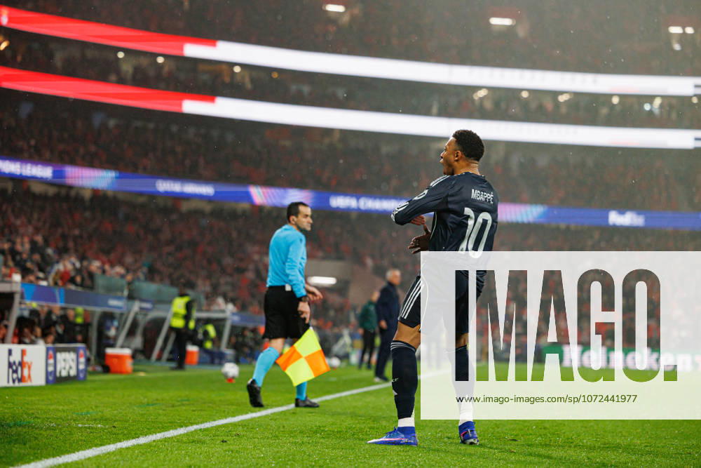 Kylian Mbappe seen celebrating after goal during Champions League phase game between SL Benfica and Real Madrid CF (Maciej Rogowski Ball Raw Images) Lisbon Estadio da Luz Portugal