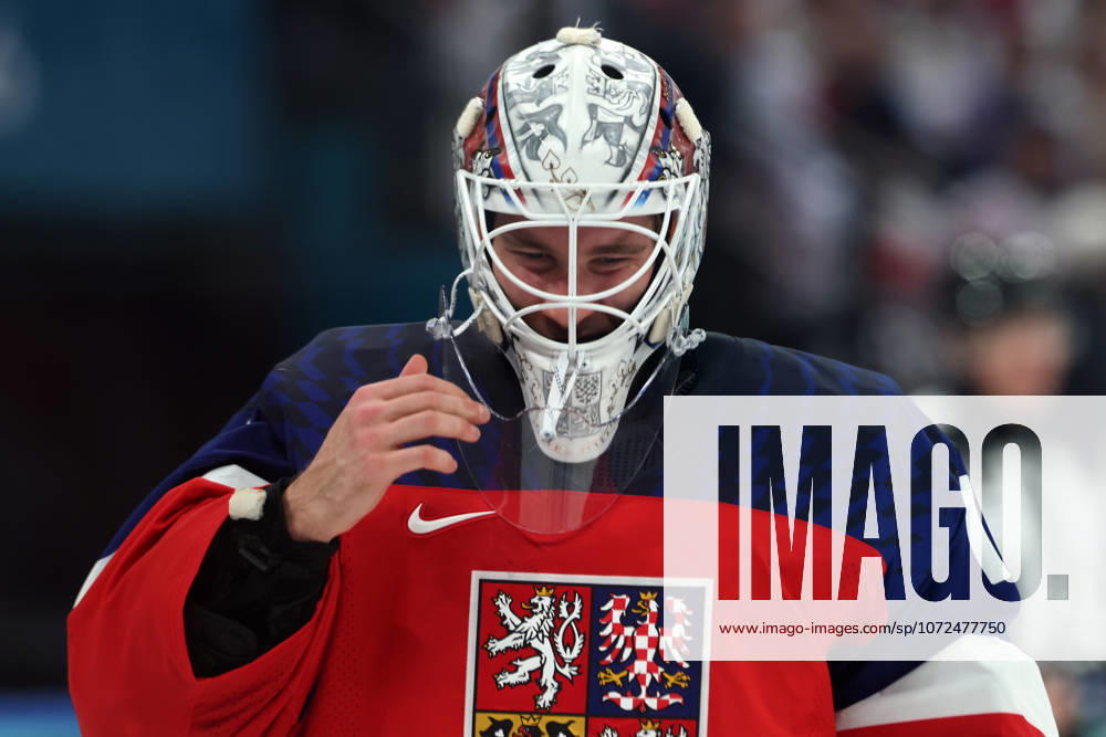 Milano Cortina 2026, Milan, Italy, 12.02, 2026, MiCo2026, MiCo, 2026, Olympics, Olympic, Winter Olympic, Olympic Winter games, Winterspiele,Spiele, Summer games Ice hockey, Eishockey Canada, Czechia Lukas Dostal of Czechia reacts during mens Premilinary round Group A Ice Hockey match between Canada and Czechia teams of Milano Cortina 2026 Olympic Winter Games in Milan, Italy, 12.02.2026. Photo: Roman Koksarov (RKF) Milan Italy