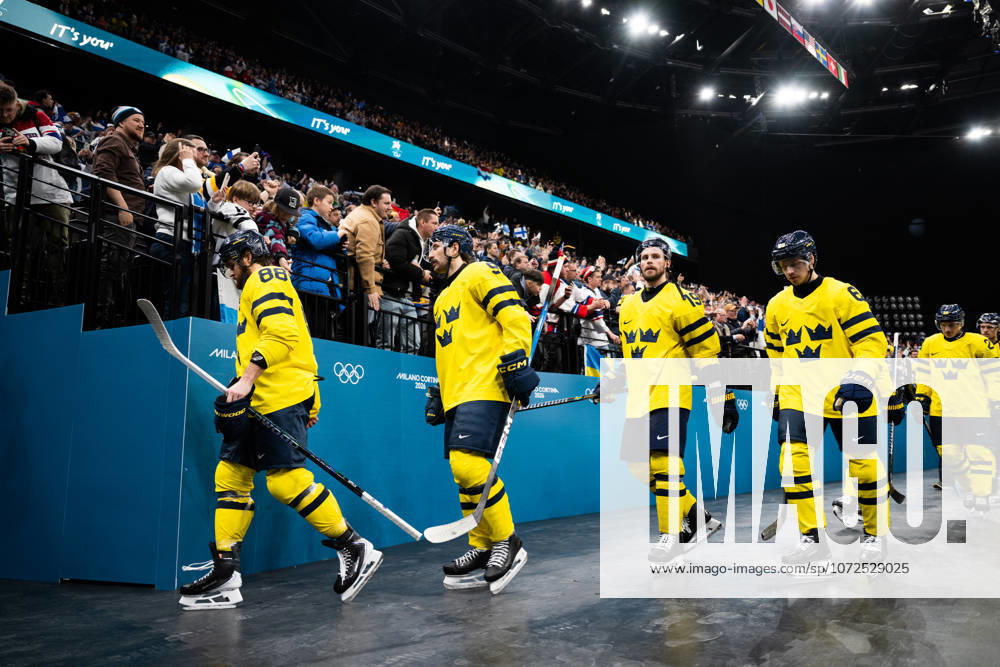 William Nylander, Filip Forsberg, Adrian Kempe and Jesper Bratt of Sweden look dejected after the men s ice hockey game between Finland and Sweden during day 7 of the 2026 Winter Olympics on February 13, 2026 in Milan Photo Emma Wallskog BILDBYRAN code EW EW0633 ice hockey ice hockey olympic games olympics winter olympics os ol olympiska spel vinter os olympiske leker milano cortina 2026 milan cortina 2026 milano cortina 2026 olympic games milano cortina 2026 winter olympic games milano cortina os milano cortina ol vinter ol 7 bbeng sverige sweden finland depp