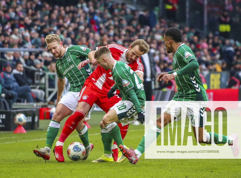 Germany Soccer Bundesliga 2025 2026, 22 Matchday SV Werder Bremen vs FC Bayern Munich Weserstadion Stadion Bremen Harry Kane FC Bayern Munich, 9 Romano Schmid SV Werder Bremen, 20 Marco Grüll Marco Gruell SV Werder Bremen, 17 Felix Agu SV Werder Bremen, 27 Bremen
