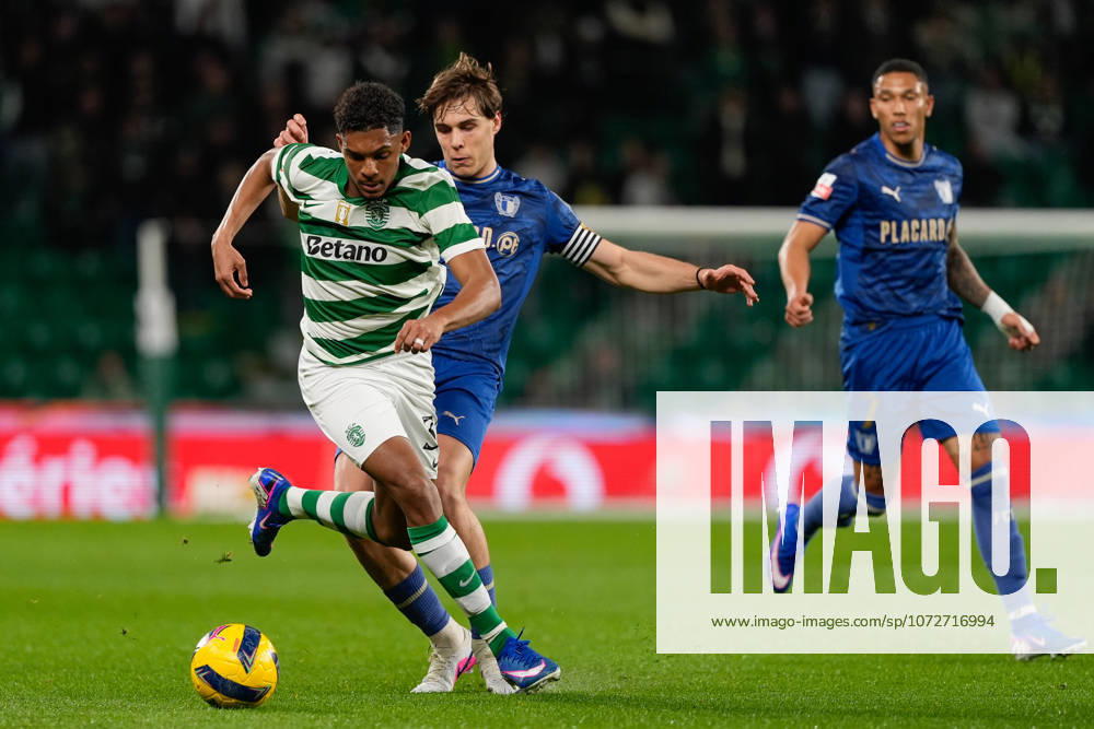 Sporting CP Vs FC Famalicao in Lisbon, Portugal - 15 Feb 2026 Luis Guilherme of Sporting CP (L), Gustavo Sa of FC Famalicao (C) and Marcos Vinicios Lopes Moura (Sorriso) of FC Famalicao (R) in action during the Liga Portugal Betclic football match between Sporting CP and FC Famalicao at Estadio Jose Alvalade. Final score: Sporting CP 1:0 FC Famalicao Lisbon Portugal