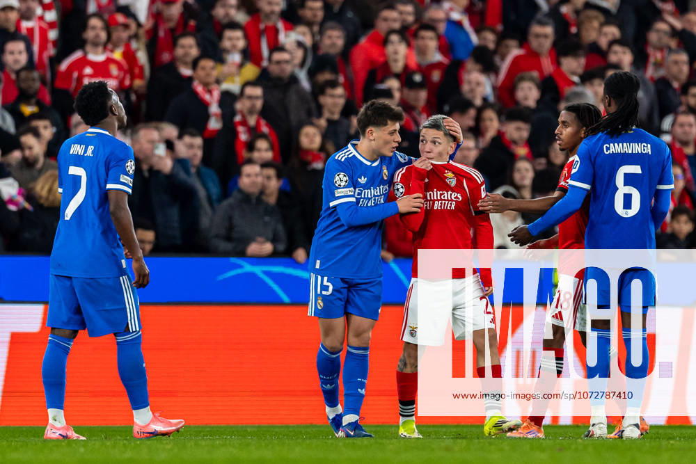 FBL Uefa Champions League 2025 26 SL Benfica Real Madrid Gianluca Prestianni of Benfica discusses with Vinicius Junior of Real Madrid during the UEFA Champions League 2025 26 League Play off First Leg match between Sport Lisboa e Benfica and Real Madrid at Estadio da Luz on Tuesday 17 February 2026 in Lisbon, Portugal