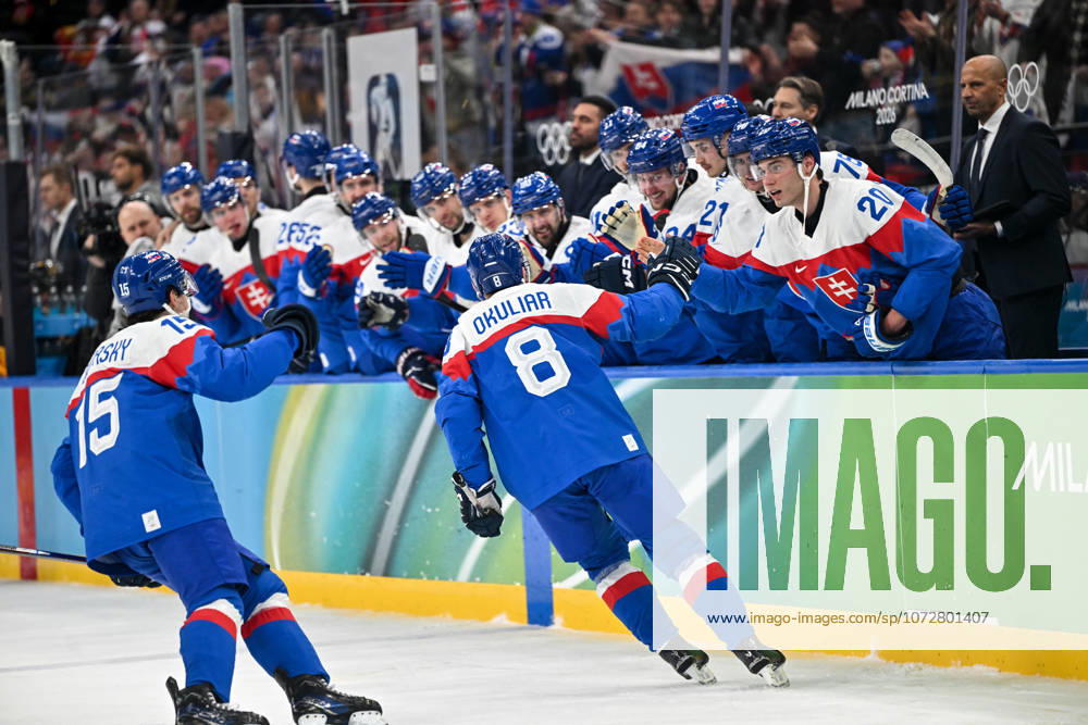 Milano, Santa Giulia Ice Hockey Arena, Winter Olympics Slovakia Germany Ice Hockey , Oliver Okuliar of Slovakia celebrate his goal Milano Santa Giulia Ice Hockey Arena Lombardy Italy