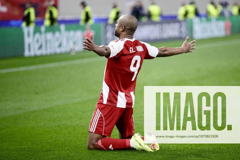 UEFA Champions League - Olympiacos FC vs Bayer 04 Leverkusen - Ayoub El Kaabi of Olympiacos FC celebrates with his teamamtes after scoring during the UEFA Champions League Play-Offs 1st leg soccer match between Olympiacos FC and Bayer 04 Leverkusen in Georgios Karaiskakis Stadium, Piraeus, Greece, on 18 February 2026. The goal was cancelled by VAR review. IMAGO ONE INCH PRODUCTIONS PIRAEUS GREECE