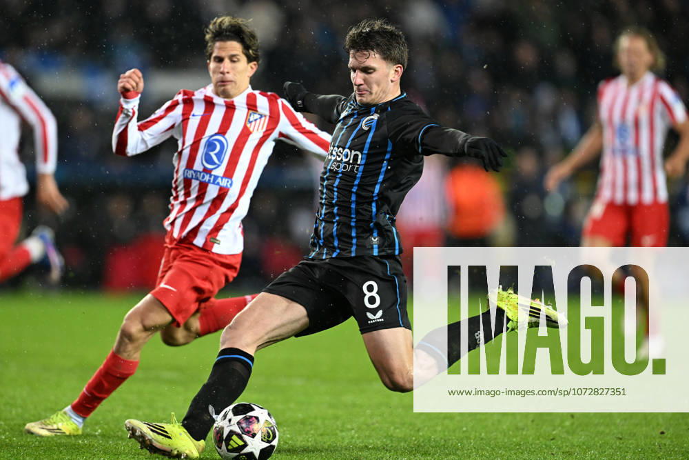 Club Brugge vs Atletico Madrid Christos Tzolis (8) of Club Brugge scores the 3-3 equalizer goal during the Uefa Champions League Knock Out play offs first leg in season 2025 - 2026 between Club Brugge KV and Atletico de Madrid on February 18 , 2026 in Brugge, Belgium. (Photo by David Catry Isosport) Brugge Belgium