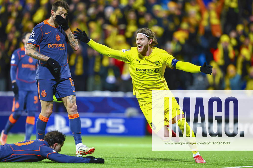 Football, Champions League 2025 2026 Bodo Glimt Inter 3 1 Bodo 20260218 Bodo Glimts Kasper Hogh celebrates after Bodo Glimt scored the first goal of the match in the Champions League football match between Bodo Glimt and Inter at Aspmyra Stadium Photo Mats Torbergsen NTB Bodo Norway RESTRICTED USE FOR BETTING COMPANIES